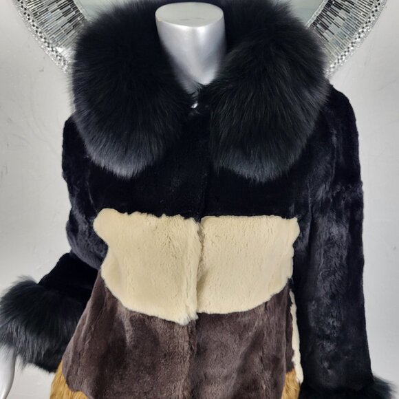 DIAGRAM~XS~BLACK ANIMAL PRINT GENUINE FOX FUR REAL CURLY LAMB MINK RABBIT COAT - Picture 5 of 16